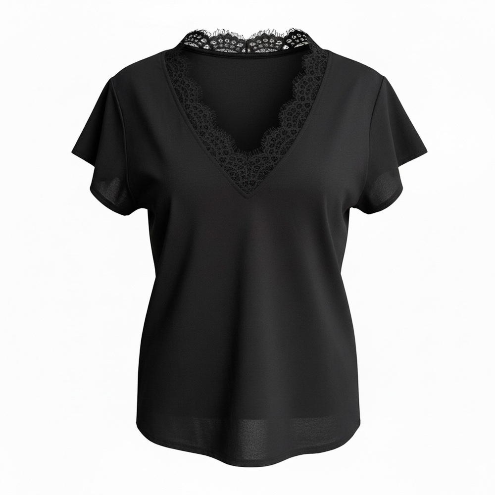 Black Lace Trim V-Neck Blouse